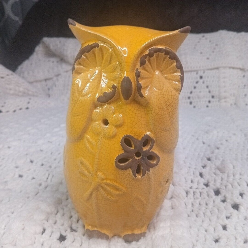 Vintage Ceramic yellow owl incense burner Crazing See No Evil Retro Flowers 7"